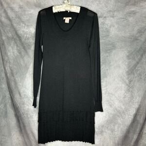 Tulle Little Black Dress Women M Knit Body Con Long Sleeve Stretch Knee Length